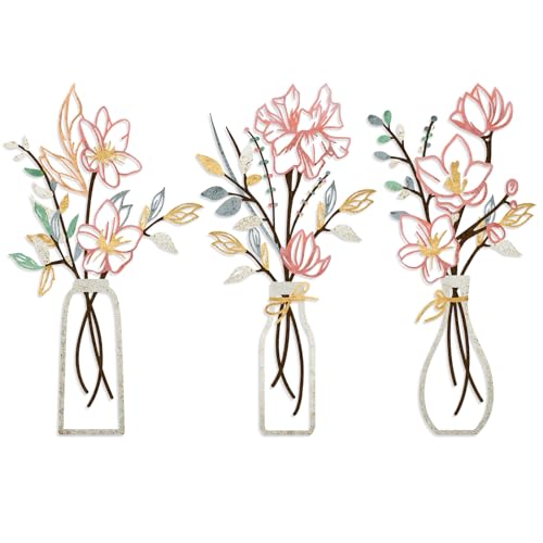 ARTINME 3 Pieces Metal Flowers Wall Arts - Pink and Beige Rustic Farmhouse Decor Minimalist Flower Wall Decors for Living ...