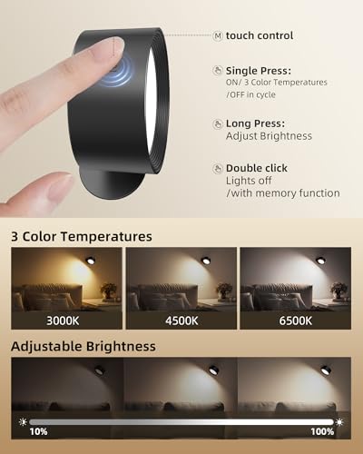 AMETHEUS LED Wall Mounted Lights, Rechargeable Wall Sconces Lamp, 3 Color Temps & Remote and Touch, 360°Rotation Dimmable ...