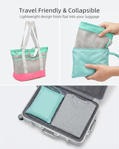 BOXNIEN Large Mesh Beach Bag for Women - 28L Oversized Foldable Tote with Waterproof Sandproof Bottom plus Zipper and 7 Po...