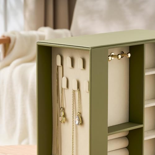 pickpiff Jewelry Box Organizer for Women: 360 Rotating Vertical Storage Case, Black Leather with Blush Velvet, Ring Neckla...