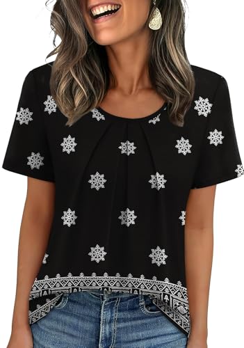 WIHOLL Women T Shirts Pleated Short Sleeve Tops Business Casual Dressy Blouses
