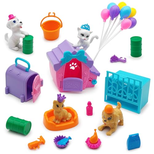 Dolls Accessories Playsets Dog Cat Figures with House Cage Pet Pretend Play Toys for Doll Toddlers 3-5 age 5-7 Girls Kids ...