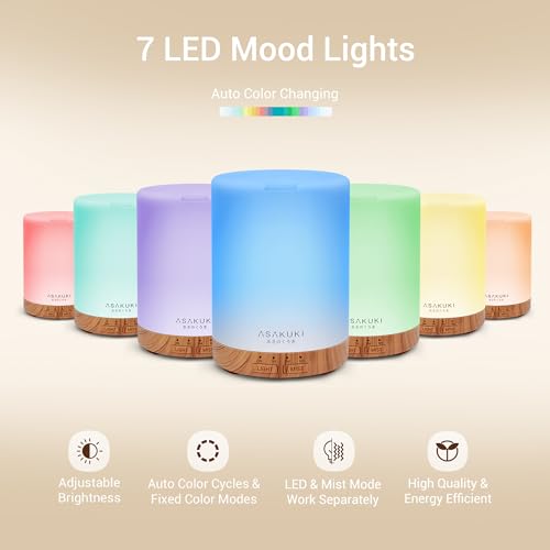 ASAKUKI Essential Oil Diffuser for Home, 300 ml Humidifier with Automatic Shut-Off, Quiet Aromatherapy Diffuser with 7 LED...