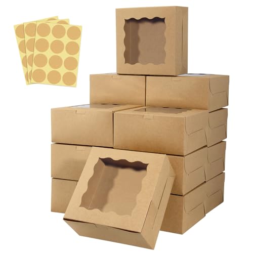 HawHawToys 60 pcs Bakery Boxes with Window, 6 x 6 x 3 inches, Kraft Cookie Boxes Pastry Boxes for Baked Goods (Brown)