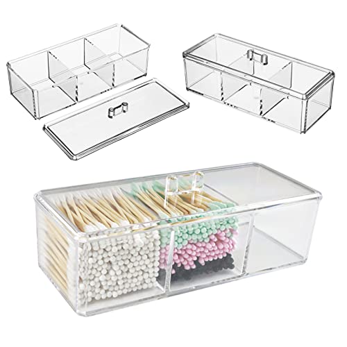 UTTH-DTTK Clear Cotton Ball and Swab Holder 3 Divided Compartments with Lid, , Waterproof Bathroom Organizers Small Plasti...
