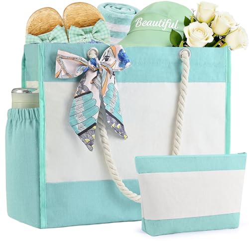 TAOZIM Beach Tote with Cosmetic Bag, Waterproof Canvas Beach Bag w/Ribbon Personalized for Women Birthday Travel Essential