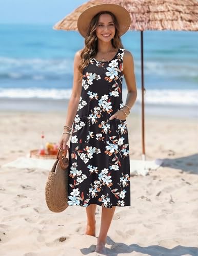 Zeagoo Womens Summer Midi Dresses 2026 Casual Sleeveless Tank Sundresses A Line Crewneck Beach Vacation Dress with Pockets