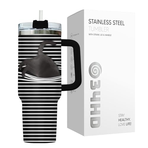 34HD Cute Black Cat Tumbler 40oz with Handle and Straw, Striped Peeking Cat Stainless Steel Vacuum Insulated Travel Coffee...