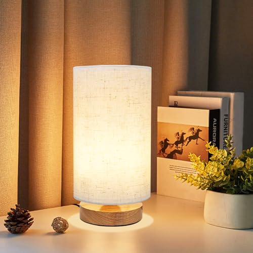 Small Bedside Table Lamp for Bedroom, Minimalist Wood Base & Round Fabric Shade, Mini Cute Cozy Warm White Nightstand Boho...