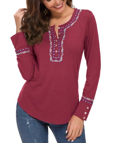 Urban CoCo Women's Long Sleeve Boho Shirt Embroidered Top