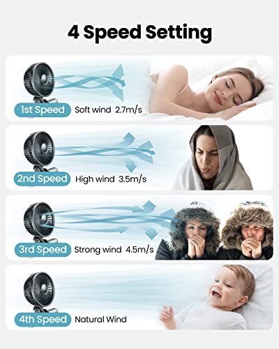 Gaiatop Baby Stroller Fan, 4000mAh Oscillating Mini Portable Fan with Light, 4 Speeds Battery Operated Small Handheld Desk...