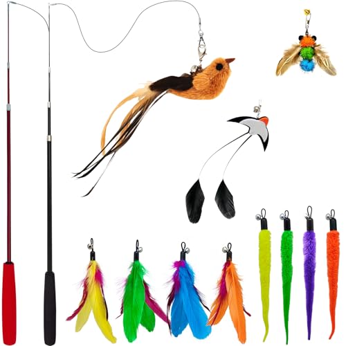 miwoowim Interactive Cat Wand Toy Set – 2 Retractable Wands (37" & 49") with 11 Refills Attachments – Feather Toys, Plush ...