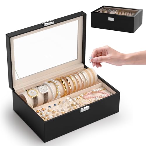 Jolensoy Jewelry Organizer Box with Clear Glass Lid, Bracelet Holder Jewelry Storage Case for Earrings, Rings, Bangles, Wa...