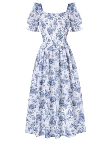 Scarlet Darkness Floral Dress for Women Summer Puff Sleeve Square Neck A Line Flowy Wedding Guest Tea Party Dresses