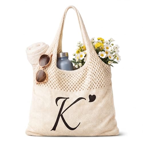 Shinylin Personalized Crochet Tote Bag for Beach Women Beige Mesh Knit Shoulder Bag Boho Aesthetic Tote for Women