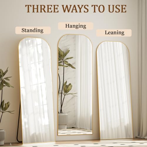 Koonmi Full Length Mirror, 56"x21" Mirror Full Length with Stand, Gold Domed Top Square-Edged Floor Mirror with Aluminum A...