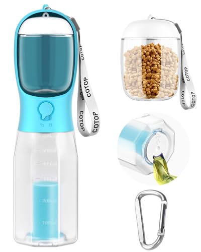 20oz Dog Water Bottle with Food Container & Poop Bag Dispenser | Leak-Proof Portable Pet Water Dispenser with Carabiner Cl...