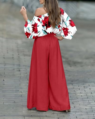 CHICME Women Summer 2 Piece Outfits Off Shoulder Top Flowy Wide Leg Pants Set Vacation Travel Airport Outfits
