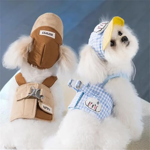 ETOSEM Dog Harness with Hat Set, Blue Gingham Pattern, Adjustable Safety Buckle and Leash Attachment (Brown, Large(8-12lb))