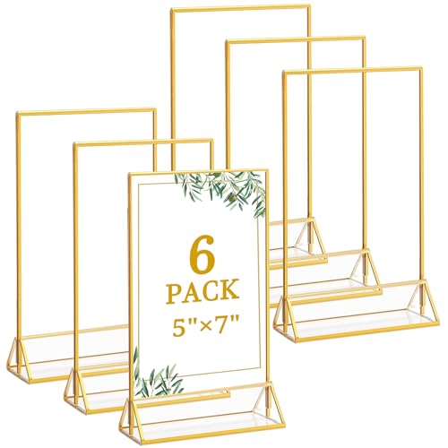Floroom 6 Pack 5x7 Inch Clear Acrylic Sign Holders, Double-Sided Gold Display Stand Picture Frames for Table Numbers, Menu...