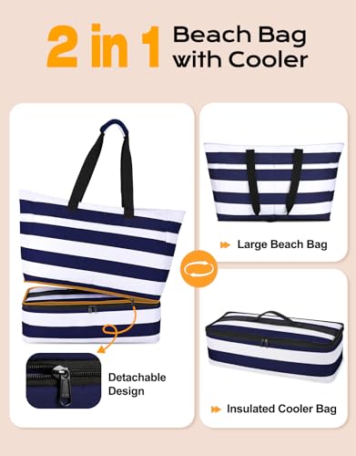 Vewaci Large Beach Bags for Women, Waterproof Sandproof Beach Tote Pool Bag with Wet Compartment & Zipper, Gifts for Mom