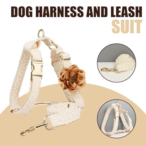 HQREA White Dog Harness and Leash Set Adjustable Lace Harness for Girl Dogs Luxury Dog Harness No Pull with Handle & Bow F...