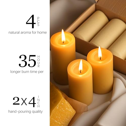 Natural Beeswax Candles 4 Packs, Beeswax Pillar Candles with 140 Hours Burn Time, Organic Emergency Candle Long Burning fo...