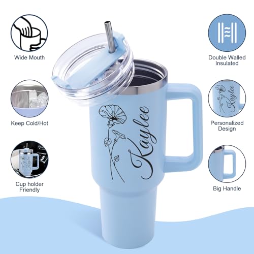 Elemtansy Personalized 40 Oz Tumbler with Handle and Straw, Custom Cup with Name & Birth Flower, Stainless Steel Travel Co...