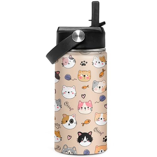 SANDJEST Kids Water Bottle Cat Water Bottles 12oz with Straw Insulated Stainless Steel Travel School Tumbler Double Wall V...