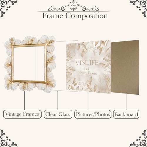 VINLIFE Small Vintage Picture Frames 4x4 Antique White and Gold Ornate Flower Picture Frame with Real Glass Tabletop and W...