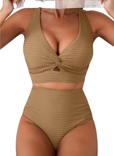 Herseas Women's Textured Bikini Sets Twist Front Top Swimsuits High Waisted Bathing Suits