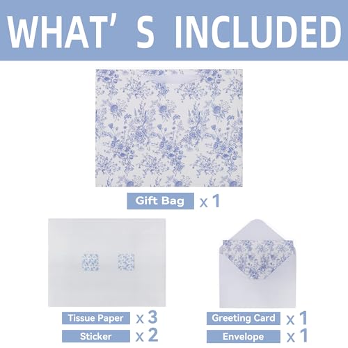 13'' Large Blue Floral Gift Bag Set with Handles, Greeting Card, White Tissue Papers and Stickers for Women Girls for Birt...