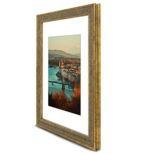 Golden State Art, 11X14 Ornate Finish Photo Frame with White Mat for 8x10 Picture & Real Glass. Color: Distressed Gold