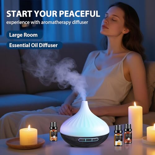 Aroma Diffuser & 12 Pcs Organic Essential Oils Set for Room, 500 ML Ultrasonic Diffuser for Home Cool Mist Humidifier with...