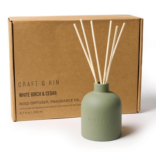 Craft & Kin Reed Diffuser for Home & Bathroom – White Birch & Cedar Holiday Reed Diffuser Set with Fragrance Sticks, Long-...
