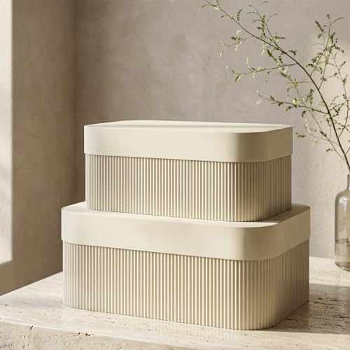 Decorative Storage Boxes with Lids – Set of 2 Beautiful Fluted Cardboard Organizer Bins for Your Home Bookshelf Decor to S...