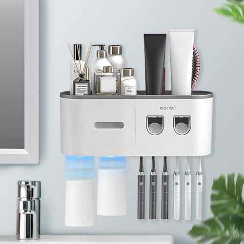 BHeadCat Toothbrush Holders for Bathrooms Wall Mounted, 6 Slot Toothbrush Holder with 2 Automatic Toothpaste Dispensers, 2...