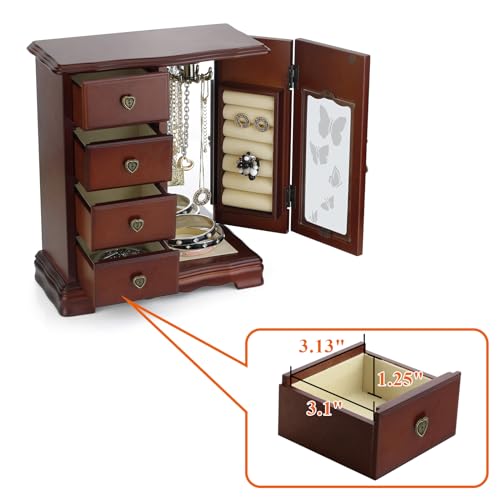 RR ROUND RICH DESIGN Solid Wooden Jewelry Box Makeup and Organizer Women Ring Storage with 4-Drawers Built-in Necklace Car...