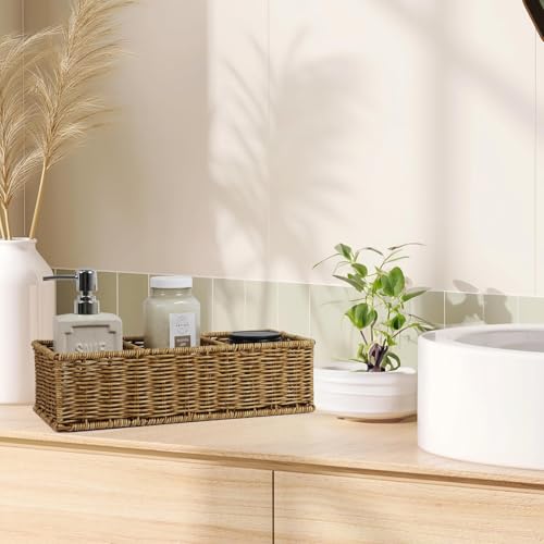 Waterproof Wicker Basket With 3 Compartments, Hand Woven Bathroom Counter Organizer, Small Storage Basket for Toilet Paper...