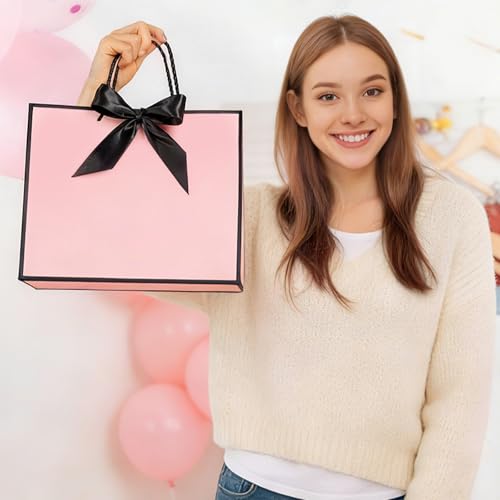 Ohuimrt 2 Pack Pink Gift Bags with Handles, 12.6 x 9.8 x 4.3 Inches Paper Bags, Gift Wrap with Tissue Paper Ribbons Cards ...