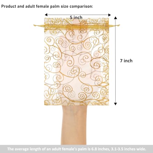 Staruby Organza Gift Bags 100Pcs Gold Sheer Organza Bag 5x7 Inch Mesh Favor Bags Drawstring Jewelry Rattan Printed Gift Po...