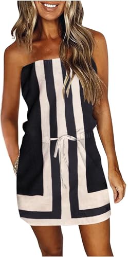 Summer Dress for Women Strapless Beach Cover Ups Boho Sundress Mini Dress Drawstring Waist with Pockets