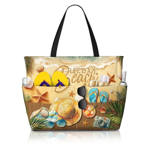 Amsnkee Large Waterproof Sandproof Beach Tote Bag for Women with Zipper & 7 Pockets, Lightweight Foldable Pool Swim Bag