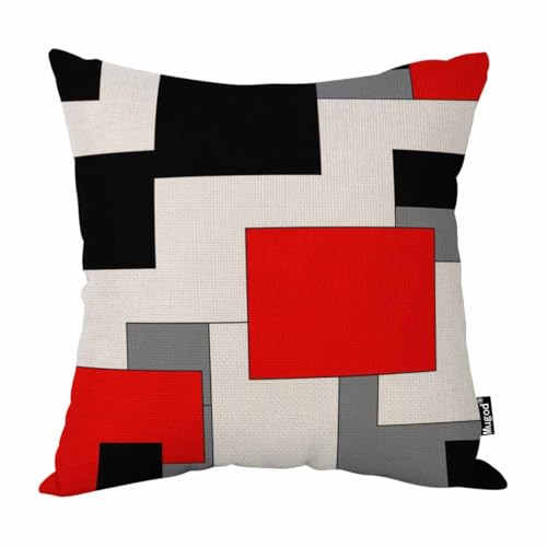 Mugod Paneling Pillow Cover Abstract Geometric Block Red Black Gray White Decorative Throw Pillow Cases Square Cotton Line...