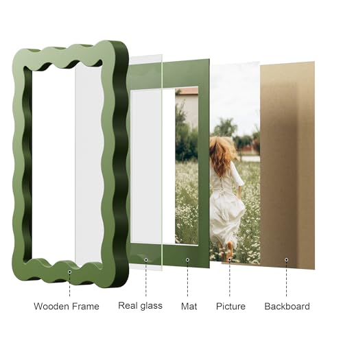 THKRLOF 4x6 Picture Frame with Mat for 3.5x5, Wavy Edge Wooden Real Glass Photo Frame for Tabletop and Wall Hanging, Gree...