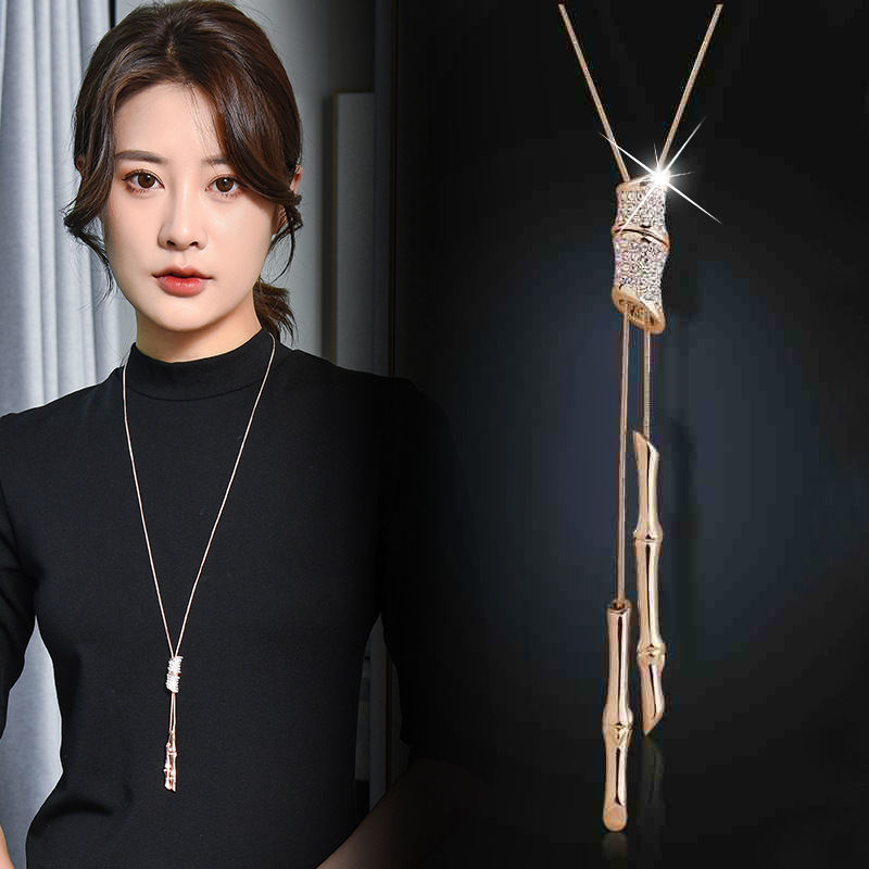 Japanese Korean Style Bamboo Tassel Long Sweater Chain For Women, Dainty Minimal Pendant Necklace, Elegant OL Commute Fashion Accessories