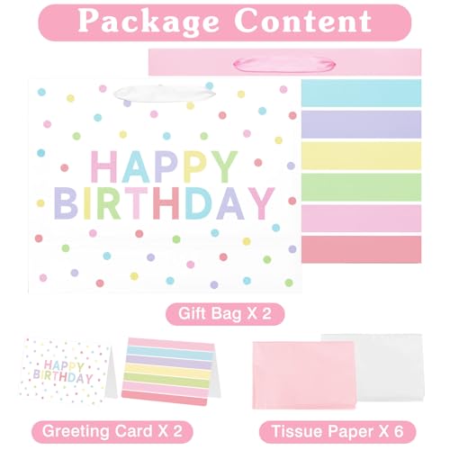 2-Pack 13" Large Happy Birthday Gift Bags Party with Tissue Paper, Cards for Girls Women Birthday Party Favors Wrap