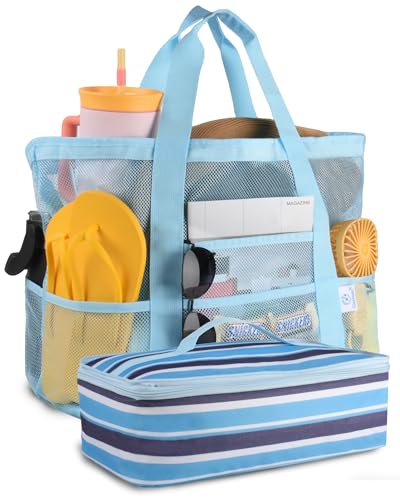 Genteen Beach Bag for Women, Mesh Tote Bags with Zipper, Sandproof Vacation Essentials with Cooler for Swim Cruise Pool