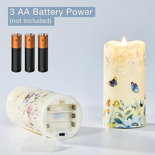 Eywamage Fiber Optic Flameless Pillar Candles with Remote Set of 3, Butterfly Floral Spring LED Candles Battery Operated Φ...