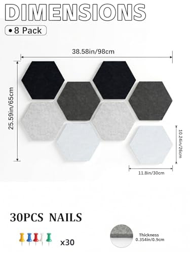 Uoisaiko 8 Pack Hexagon Felt Bulletin Board Tiles - 11.8" Large Thick Pin Board for Walls with 30 Push Pins, DIY Boards fo...